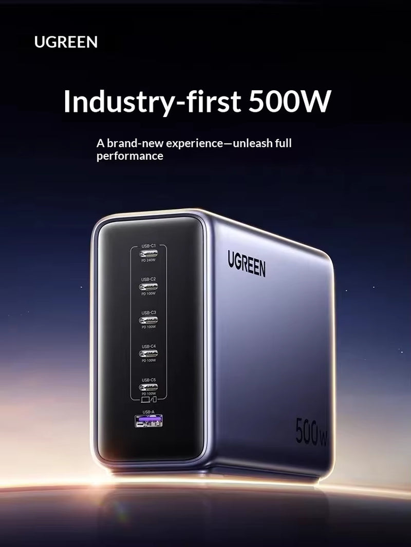 X759 Gan Charger 500W 6-Port Desktop Charging Station 5 USB-C 1 USB-A PD 240W Max for Laptops Macbook Phones Tablets