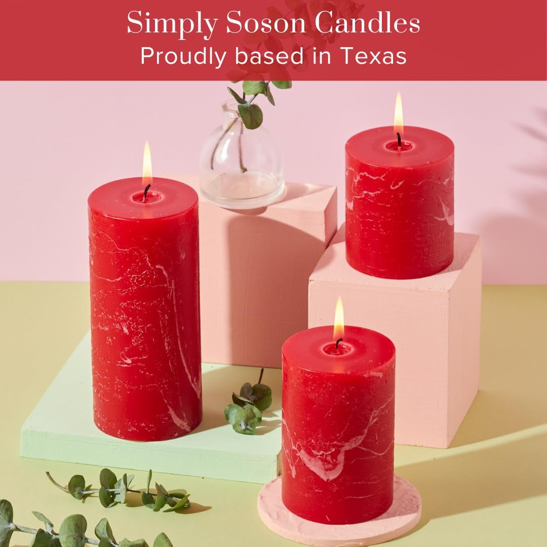 Red 3X4 Rustic Unscented Pillar Candles, Set of 3, Fall and Christmas Decor
