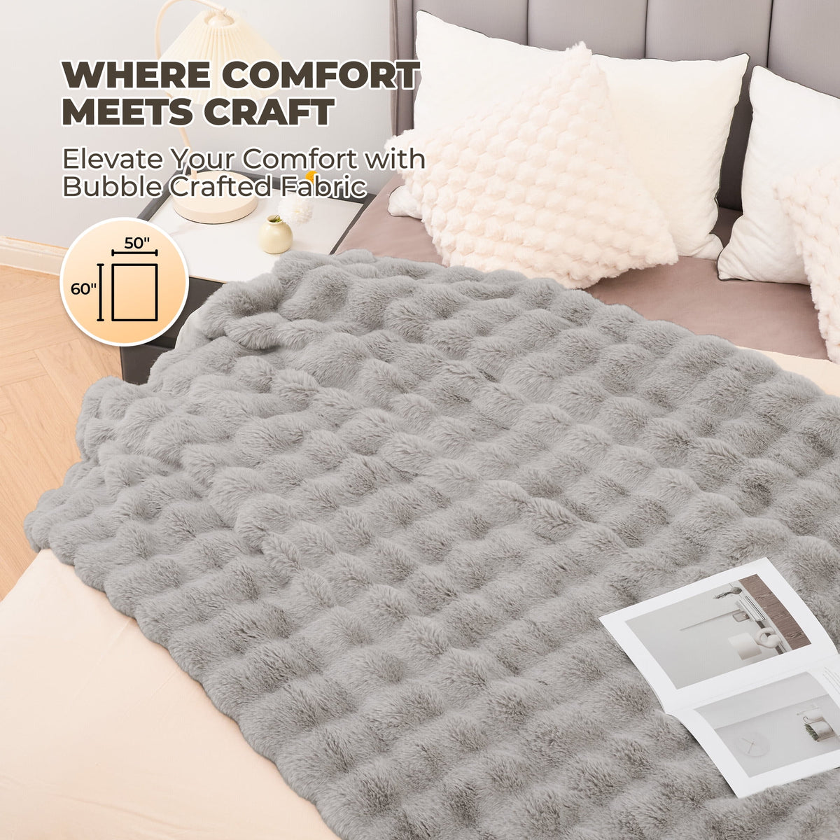 Electric Throw Blanket 50"X60", Faux Fur Heated Throw, 6 Heating Levels, 4 Hours Timer, Gray