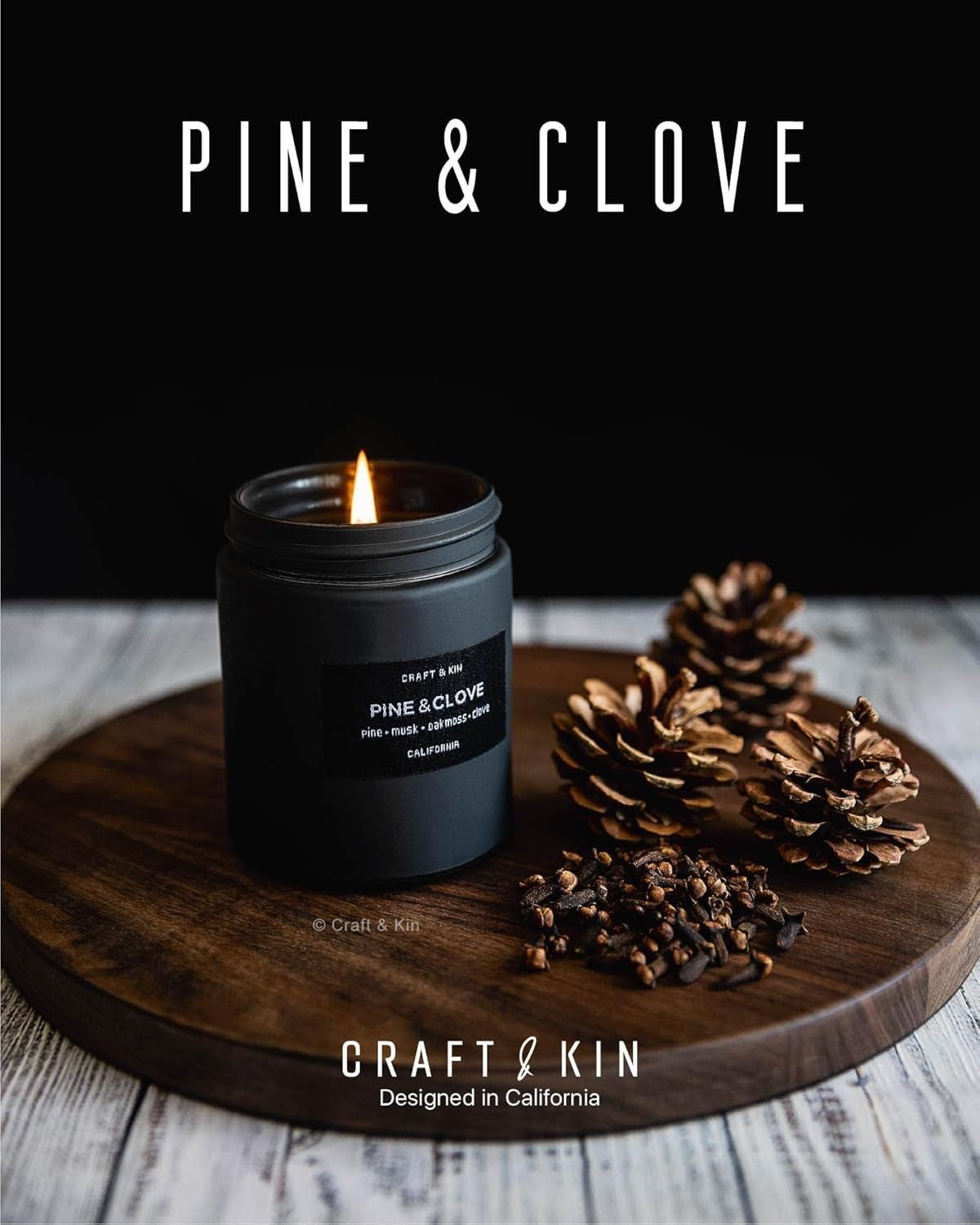 Premium Pine & Clove Scented Candle – Long Lasting, 45 Hour Burn Time – Luxury Black Natural Soy Scented Candle for Men with Wood Wick – Room Decor and Aromatherapy – 7.6 Oz