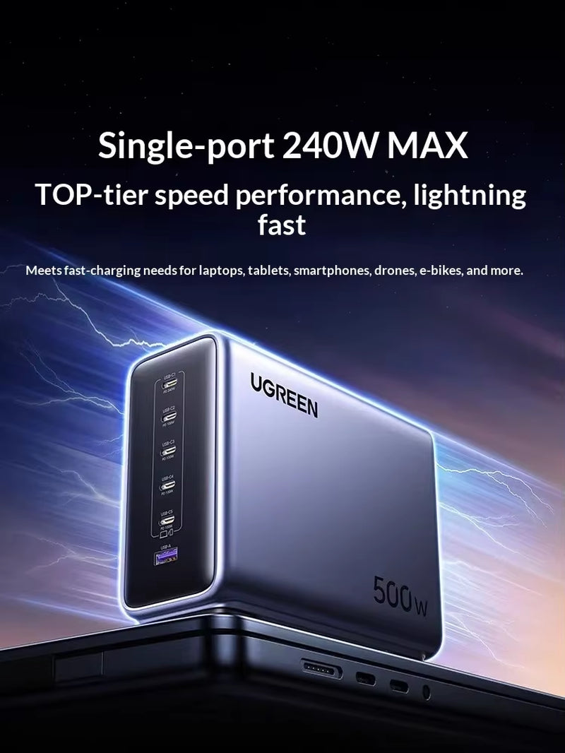 X759 Gan Charger 500W 6-Port Desktop Charging Station 5 USB-C 1 USB-A PD 240W Max for Laptops Macbook Phones Tablets