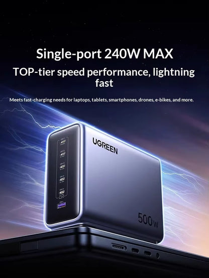 X759 Gan Charger 500W 6-Port Desktop Charging Station 5 USB-C 1 USB-A PD 240W Max for Laptops Macbook Phones Tablets