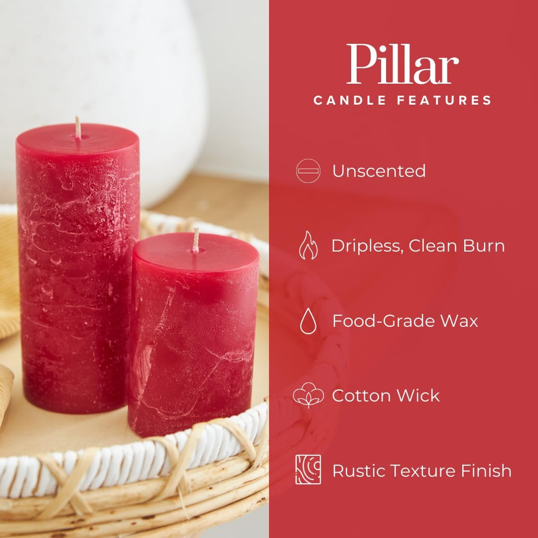 Red 3X4 Rustic Unscented Pillar Candles, Set of 3, Fall and Christmas Decor