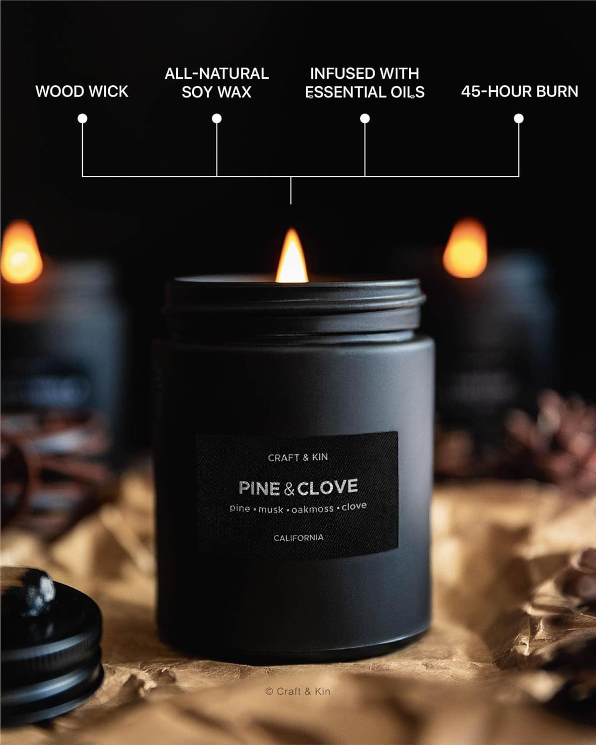 Premium Pine & Clove Scented Candle – Long Lasting, 45 Hour Burn Time – Luxury Black Natural Soy Scented Candle for Men with Wood Wick – Room Decor and Aromatherapy – 7.6 Oz
