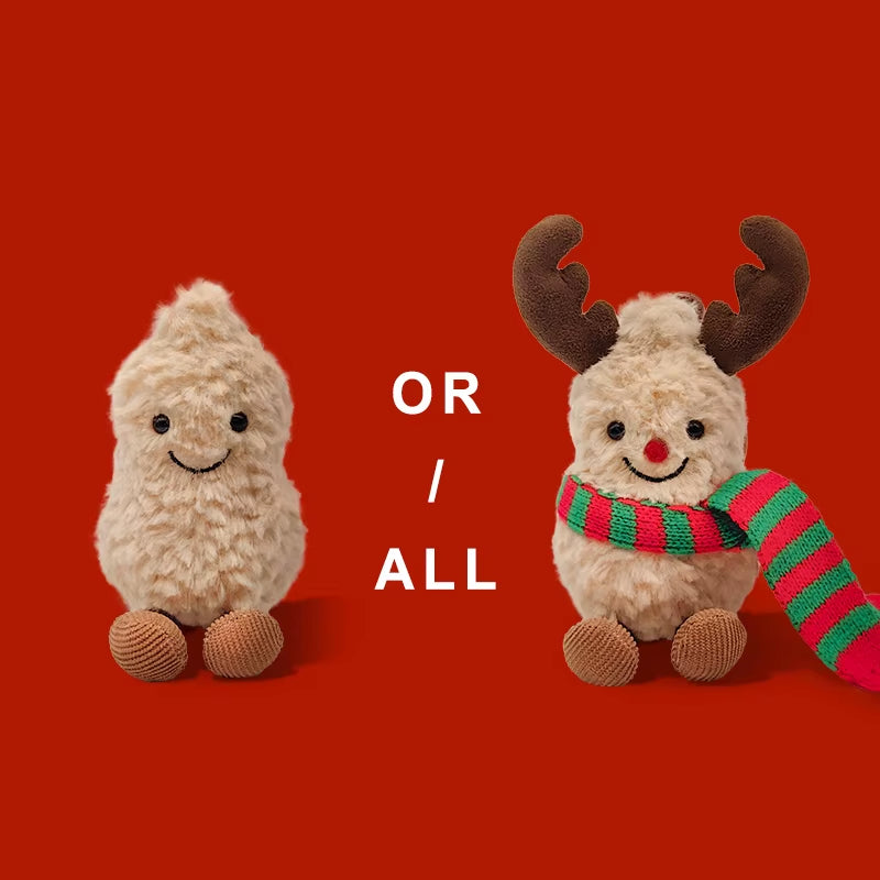17Cm Christmas Peanut & Reindeer Plush Toys Fuzzy Stuffed Animals with Antlers Red Nose Scarf Soft Doll for Kids Gift Home Decor