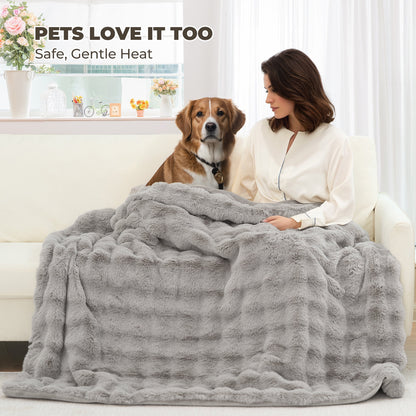 Electric Throw Blanket 50"X60", Faux Fur Heated Throw, 6 Heating Levels, 4 Hours Timer, Gray