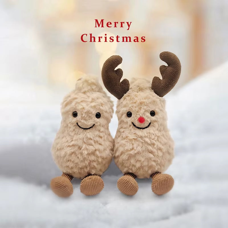 17Cm Christmas Peanut & Reindeer Plush Toys Fuzzy Stuffed Animals with Antlers Red Nose Scarf Soft Doll for Kids Gift Home Decor