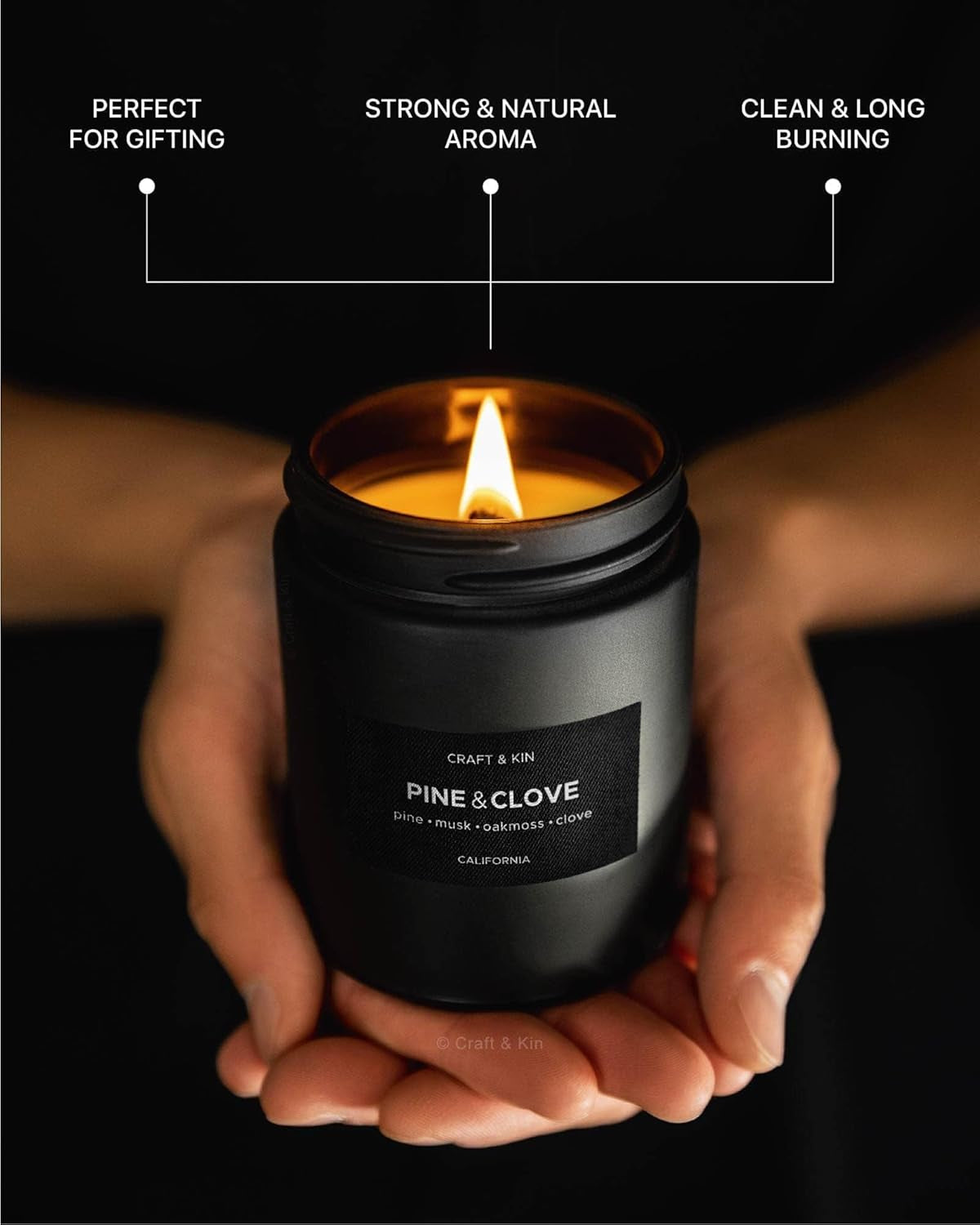 Premium Pine & Clove Scented Candle – Long Lasting, 45 Hour Burn Time – Luxury Black Natural Soy Scented Candle for Men with Wood Wick – Room Decor and Aromatherapy – 7.6 Oz