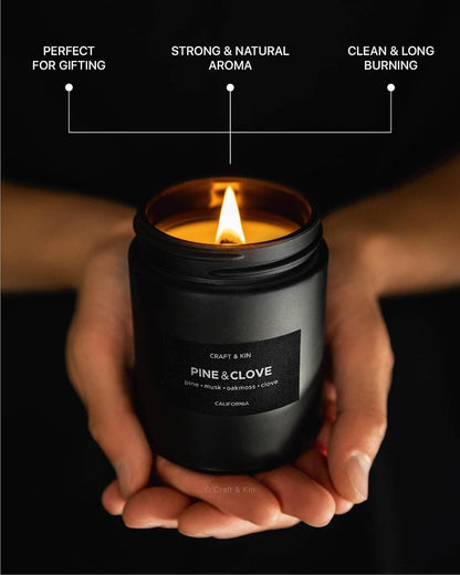 Premium Pine & Clove Scented Candle – Long Lasting, 45 Hour Burn Time – Luxury Black Natural Soy Scented Candle for Men with Wood Wick – Room Decor and Aromatherapy – 7.6 Oz