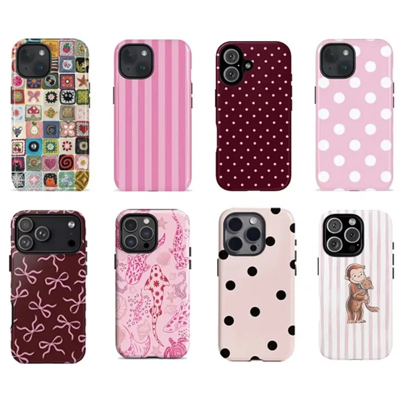 Luxury Pink Striped Polka Dots Pattern Phone Case for  17 Air 16E 16 Pro Max 15 14 plus 13 12 11 Pro Double-Layer Cover