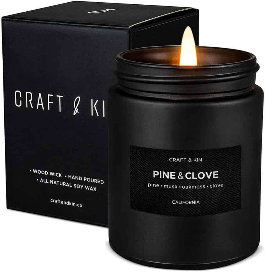 Premium Pine & Clove Scented Candle – Long Lasting, 45 Hour Burn Time – Luxury Black Natural Soy Scented Candle for Men with Wood Wick – Room Decor and Aromatherapy – 7.6 Oz