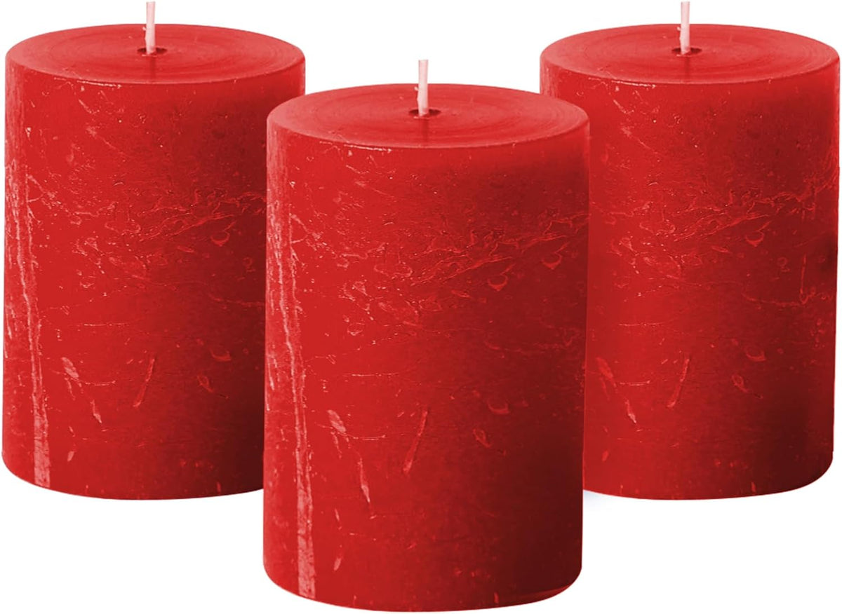 Red 3X4 Rustic Unscented Pillar Candles, Set of 3, Fall and Christmas Decor