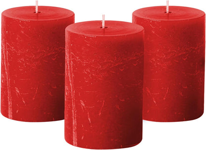 Red 3X4 Rustic Unscented Pillar Candles, Set of 3, Fall and Christmas Decor